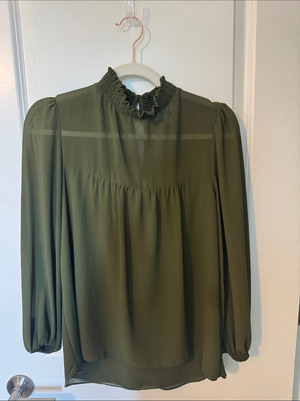 Veronica M Olive Green Ruffled Mock-Neck Blouse